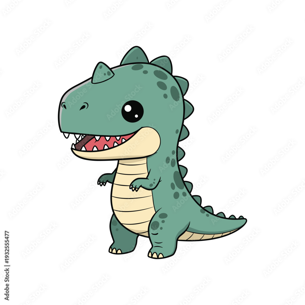 Fototapeta premium Cute green cartoon dinosaur standing with open mouth smiling