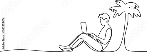 Continuous one line drawing of Freelancer working from home or beach at relaxed pace, convenient workplace concept.one line vector illustration with white background