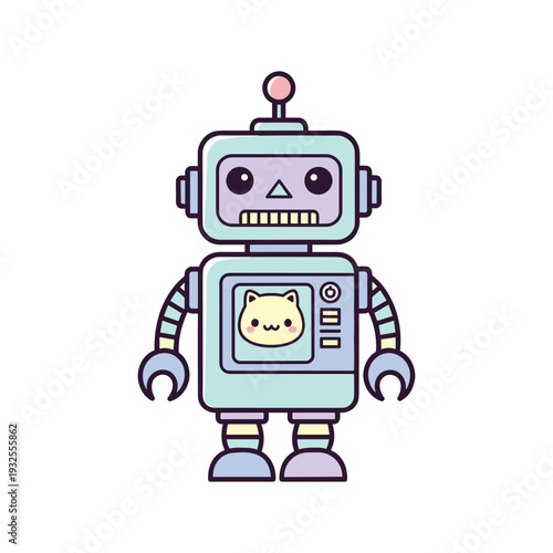 Cute pastel robot with cat face on screen in cartoon style