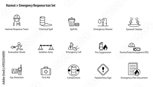 Hazmat × Emergency Response Icon Set. / 危険物対応 × 緊急対応 のベクターアイコンセット。