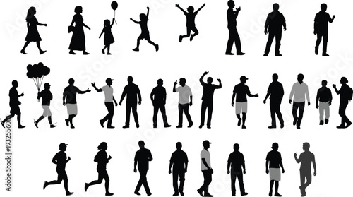 Silhouettes of people walking running jumping holding balloons children adults diverse poses motion interaction design illustration