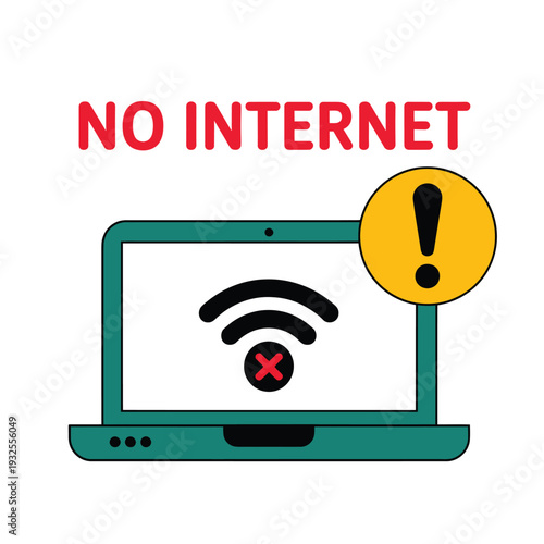 No internet connection displayed on a laptop screen with a warning sign