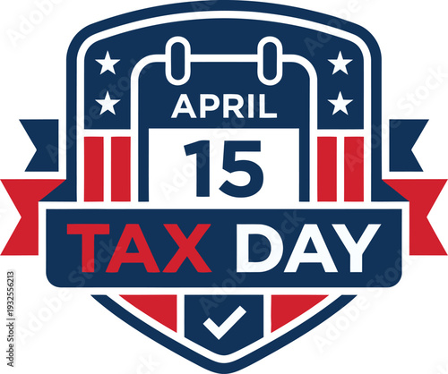 A patriotic shield graphic announces april 15th as tax day