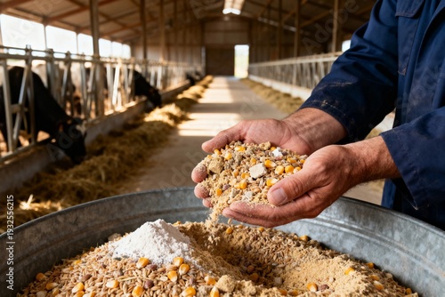 Farmer Holding Mixed Livestock Feed Inside Modern Cattle Barn