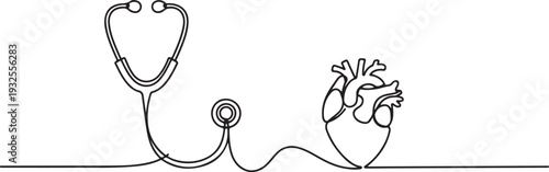 Continuous one line drawing stethoscope and heart. World hypertension day concept.one line vector illustration with white background