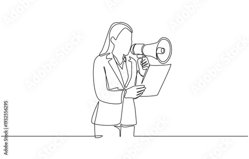 Continuous one line drawing of businesswoman reading script speaking through megaphone, leadership, public speaking, or advocacy concept, single line art.