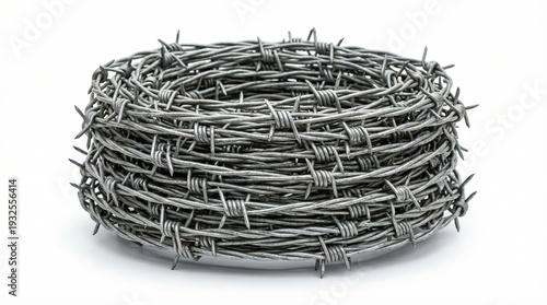 Barbed wire coil isolated on white background, sharp detail, soft shadow