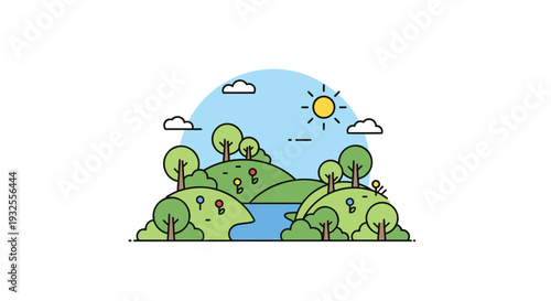 Vector landscape illustration with sunny sky and green hills