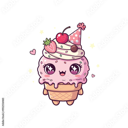 Cute pink ice cream cupcake character with cherry and strawberry topping