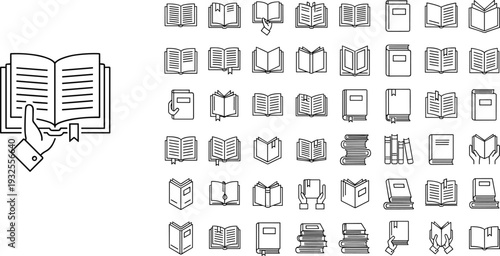 Education and reading line icon set featuring open books hand holding textbook bookmarks and library study symbols for academic designs