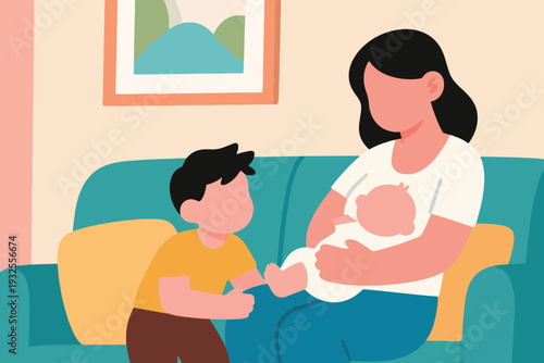 Flat Design Vector Cartoon of Family Happiness: Mother, Brother, and Little Baby Illustration Creative Design Template 