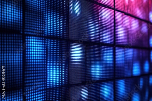 close-up glowing led panel with blue and purple pixel grid, vibrant neon glow and futuristic abstract digital depth