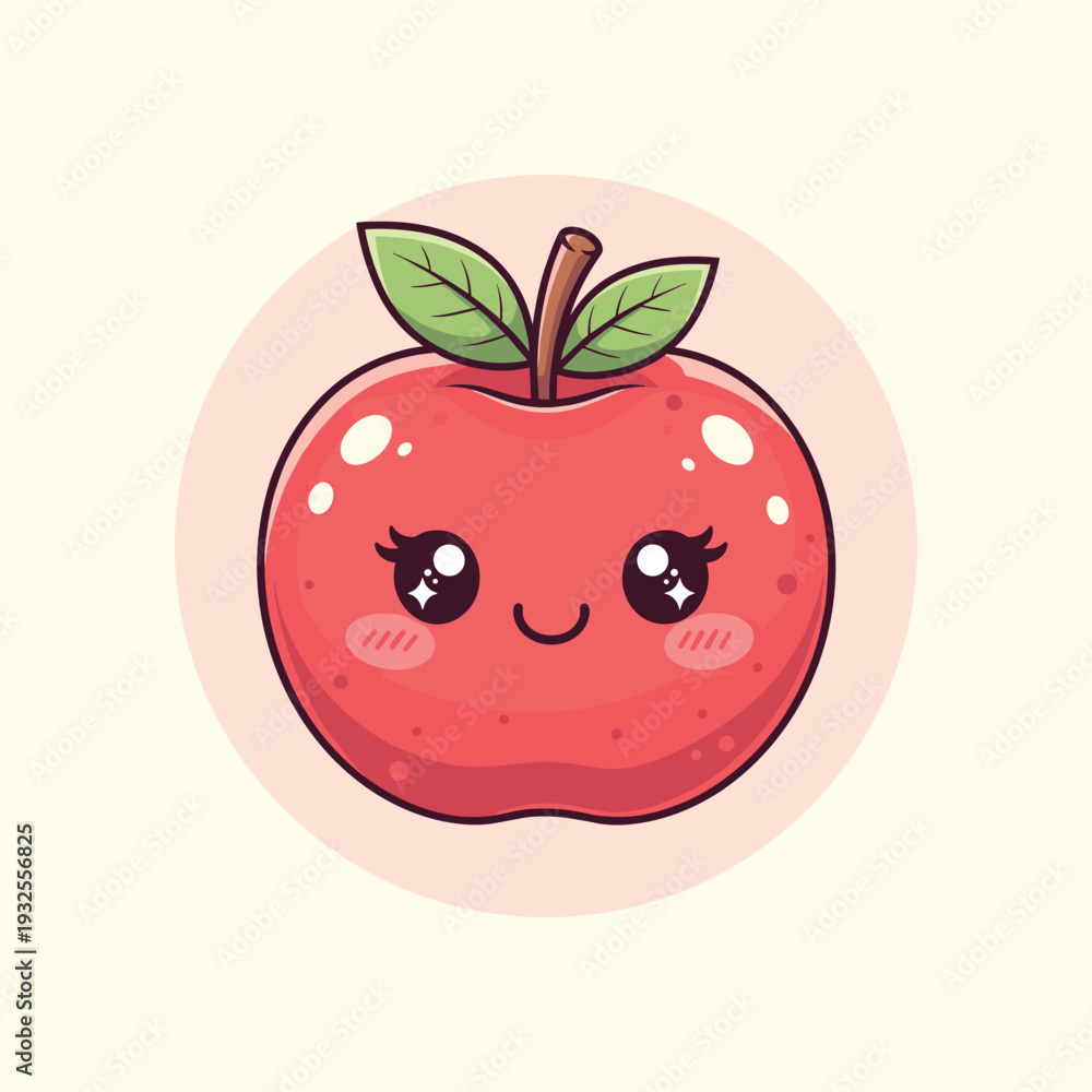 Obraz premium Cute red apple with face and green leaves cartoon apple