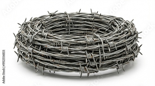 Barbed wire coil isolated on white background, sharp detail, soft shadow