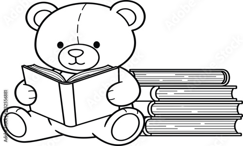 Cute Teddy Bear Reading Book with Stack of Books Line Art Illustration for Kids Education Learning Nursery Coloring Page and School Design