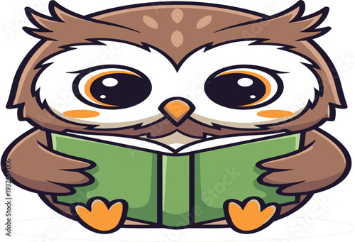 Cute Owl Reading Book Cartoon Character for Education Learning Wisdom Knowledge School Mascot Kids Illustration and Nursery Design