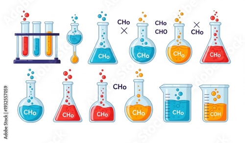 Colorful Flat Laboratory Flasks and Beakers with Chemical Reactions Vector Set