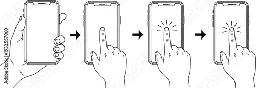 Hands holding smartphone and touching blank screen with finger gesture steps showing mobile app interaction navigation and user interface sequence