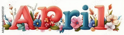 Whimsical textured 3D letters spelling april decorated with colorful spring flowers, leaves, petals and delicate buds, evoking a cheerful fresh botanical greeting