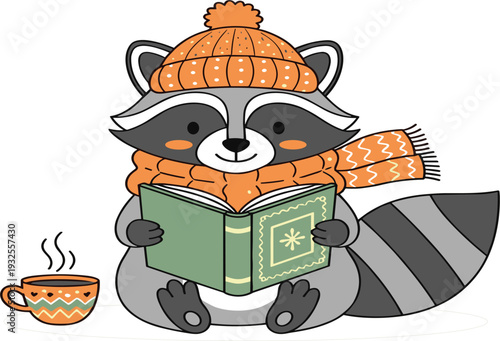 Cute Raccoon Reading Book with Coffee in Winter Clothes Cartoon Animal Character for Cozy Education Illustration Kids Nursery and Autumn Design
