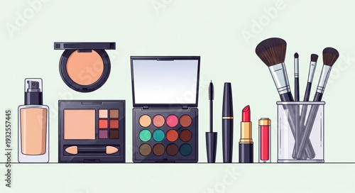 Cosmetics and makeup products arranged for beauty and fashion purposes.