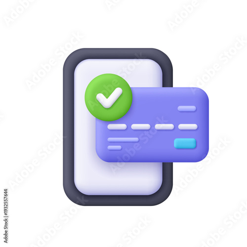 Smartphone with purple credit card and green check mark. Finance, successful payment, online transaction approval, secure banking and verified purchase concept. 3d vector icon. Cartoon minimal style.