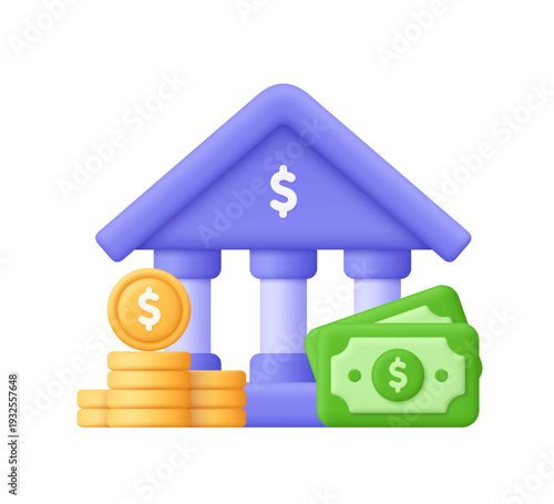 Purple bank building with green banknotes and gold coins stack. Savings, investment, money management and banking services concept. 3d vector icon. Cartoon minimal, claymorphism style.