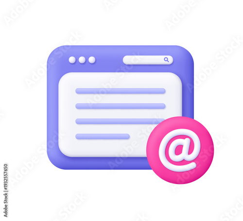 Web browser window with text lines, search bar and email at symbol icon. User interface, internet communication, email, online messaging and web mail concept. 3d vector icon. Cartoon minimal style.