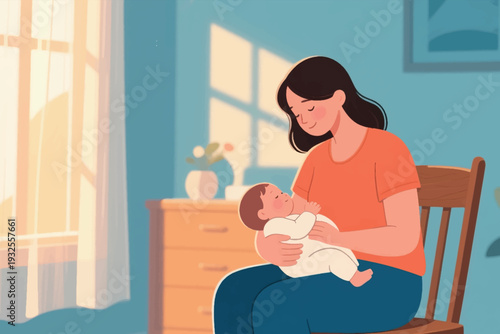 A Mother Holding a Baby in the Bedroom Illustration Creative Design Template 