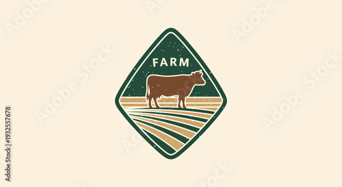 Farm logo with a cow standing on cultivated fields, representing agriculture and livestock farming.