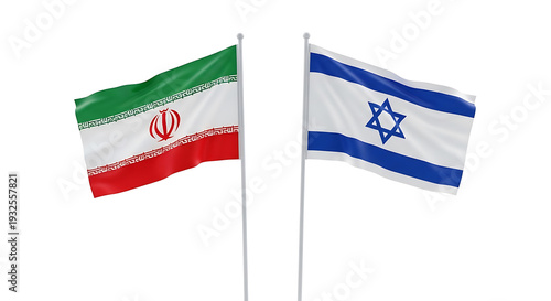 Two flags on white poles Iran and Israel national symbols