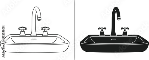 Black and white vector illustration of a bathroom sink washbasin with faucet and taps in both outline and solid silhouette styles for design
