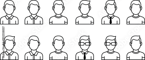 Male avatar icons, profile silhouettes, character design, hairstyle variation, clothing styles, glasses illustration, identity symbol, user profile, digital character, people