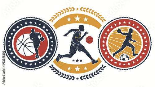 Dynamic sports badges with athletes in action