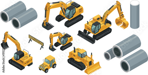 Photos Isometric construction machinery set, excavators, bulldozer, concrete pipes, hea