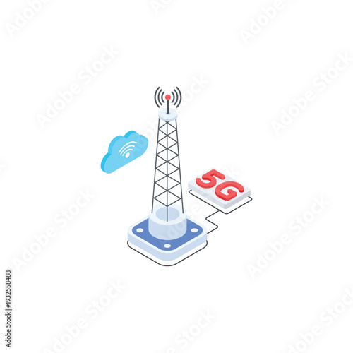 Modern 5G Cell Tower with Antenna and Wireless Signals.