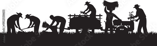 Group of farmers working in field silhouette vector illustration agricultural line art icon