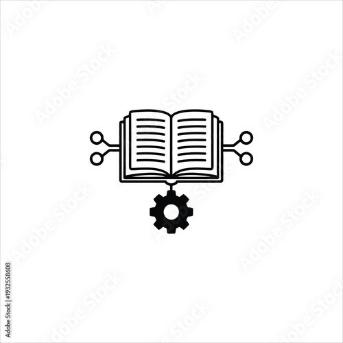 A black and white image of a book with a gear