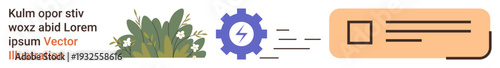 Automation, technology, energy efficiency, eco-friendly practices, innovation, workflow optimization. Gearwheel and lightning bolt with plant and user interface element. Automation and technology