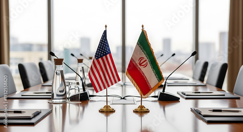U S A and Iran flags on a conference table with microphones and notebooks USA flag