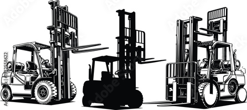  Detailed forklift illustrations from multiple angles, including silhouette and mechanical features, showcasing warehouse equipment, industrial vehicle design, lifting forks, operator seat, and heavy 