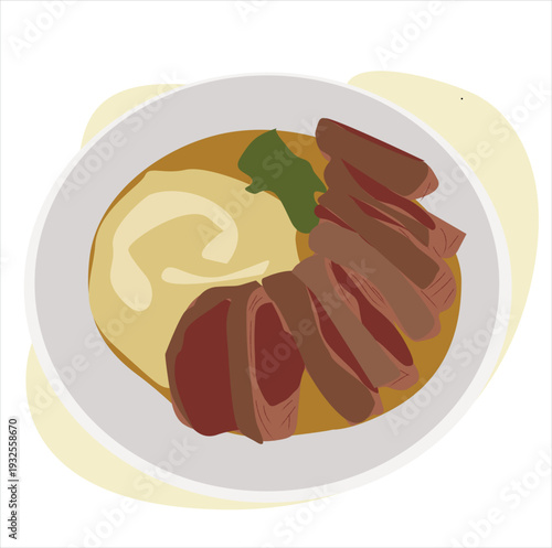 beef steak and potatoes. Classic American dinner plate with a grilled steak, mashed potatoes, and green beans, illustrated in a clean and simple cartoon style.
