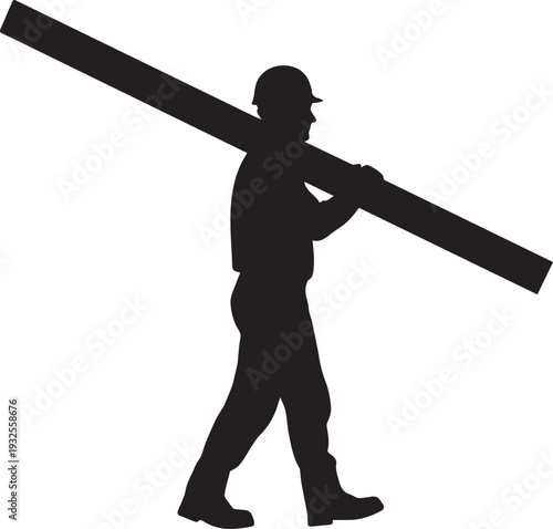 Industrial construction worker carrying long heavy wooden plank vector silhouette profile