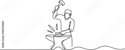 One continuous line drawing of blacksmith working activity.one line vector illustration with white background
