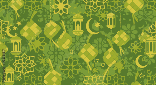 Vibrant Islamic pattern background featuring traditional ketupat, crescent moons, and festive lanterns, ideal for Eid al-Fitr, Ramadan celebrations, and cultural greetings