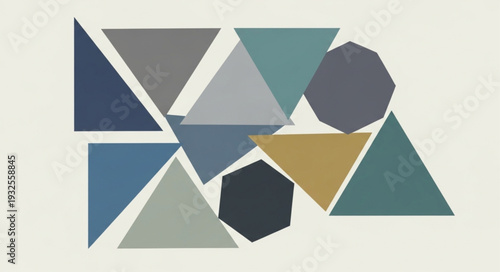 Geometric shapes composition with triangles and other polygons in various colors.