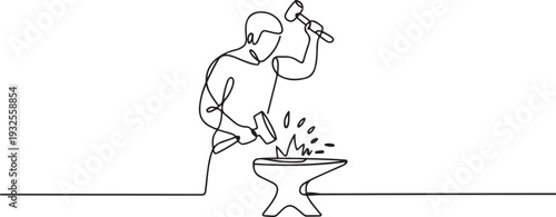 One continuous line drawing of blacksmith working activity.one line vector illustration with white background