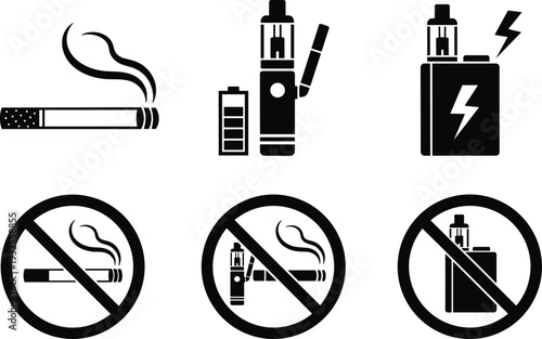 Smoking and vaping prohibition icon set featuring cigarettes electronic vapes batteries and no smoking warning signs for health and safety designs