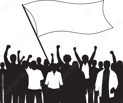 Large crowd of people protesting with empty flag banner vector silhouette illustration