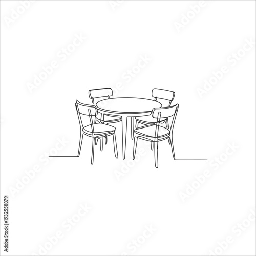 A simple line drawing of a round table and four chairs